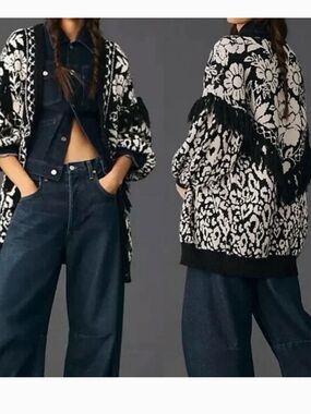 FARM Rio Black White Jacquard Fringe Cardigan Sweater Size Large